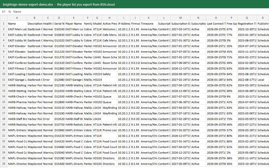A raw BrightSign player list exported from BSN.cloud, one row per player in a spreadsheet